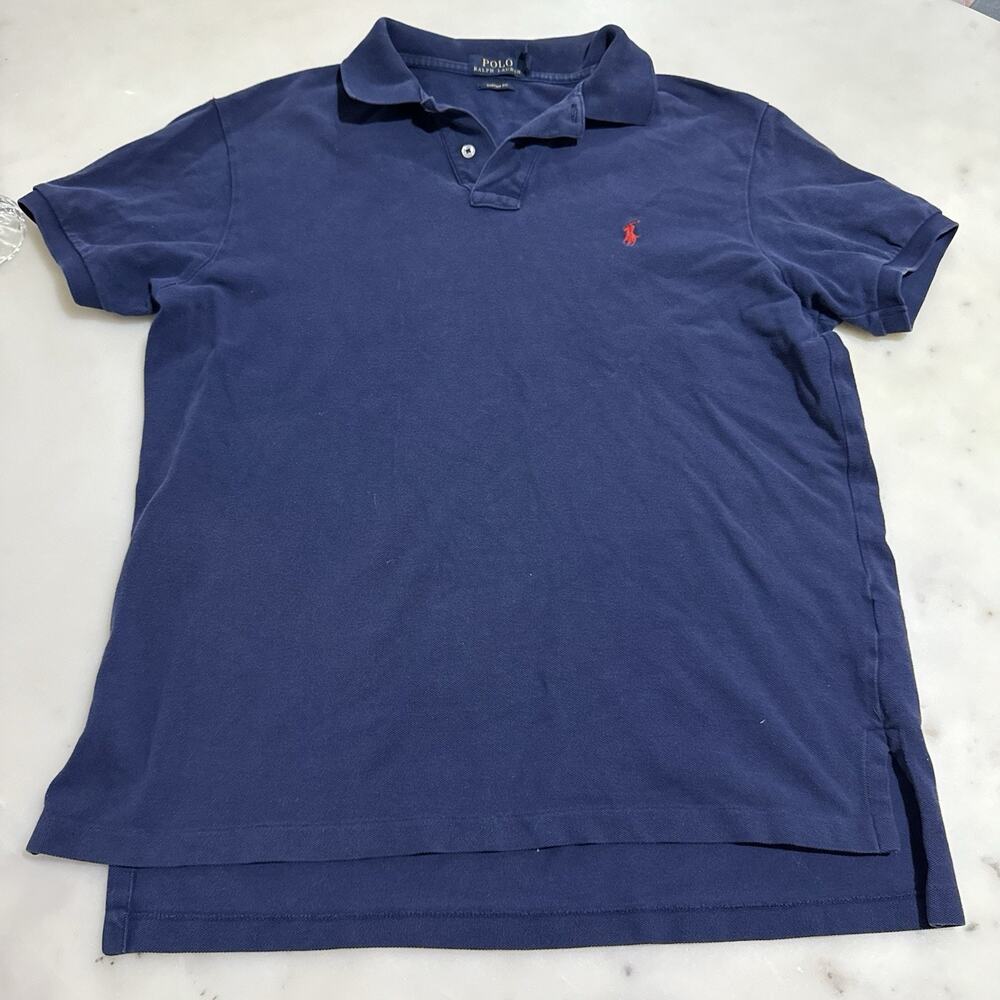 Ralph Lauren Men’s L Polo Shirt 100% Cotton Navy Blue Red Pony Logo Custom Fit